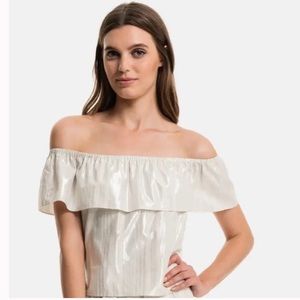 1. STATE Metallic Cream White Off Shoulder Cropped Top